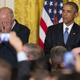 President Barack Obama and Vice President Joe Biden react to a heckler’s interruption of the president’s speech during a LGBT Pride Month reception in the White House June 24, 2015.
SAUL LOEB/AFP/Getty Images